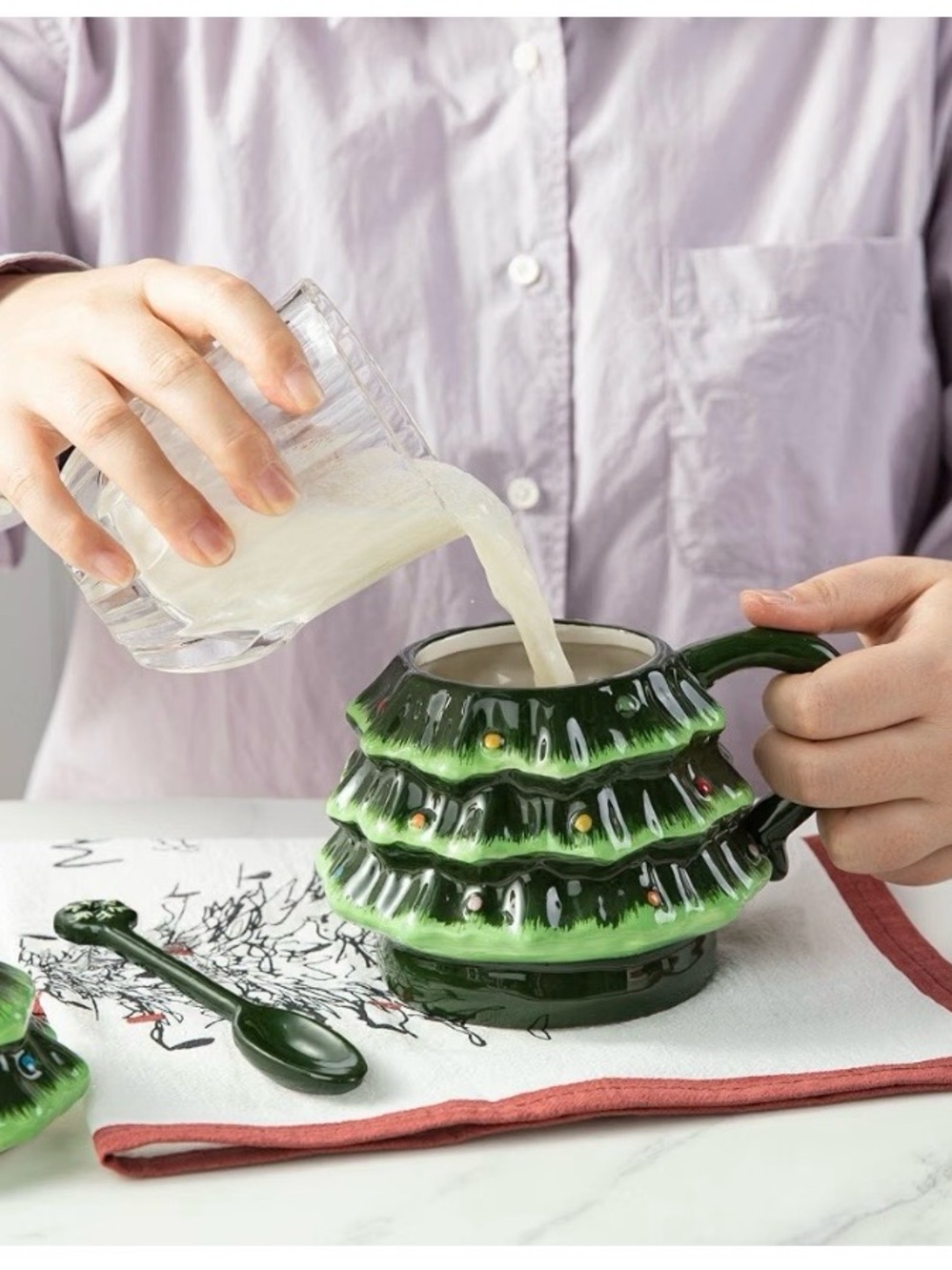 Ceramic Christmas Tree Mug with Spoon - Green & Yellow - Picture 2 of 7
